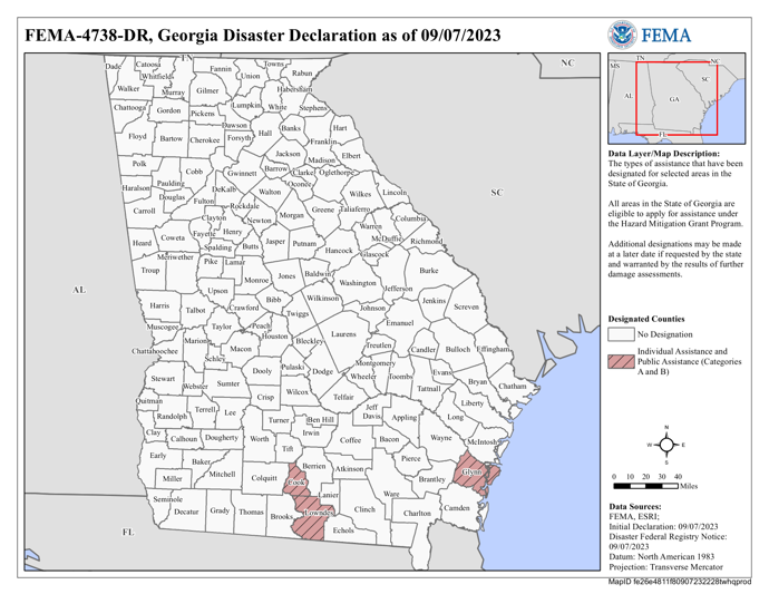 DR4738 GA Declared Counties Map
