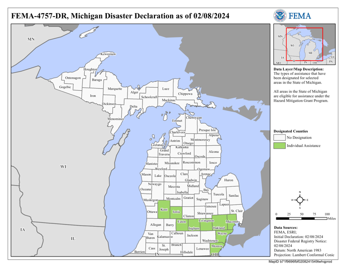 DR 4757 MI Declared Counties Map